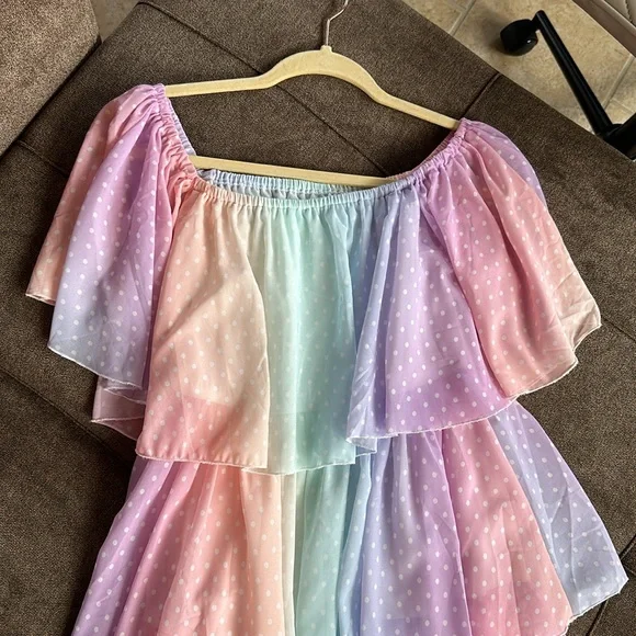 Off-Shoulder Pastel Rainbow Tiered Maxi Dress - Strapless Style - Picture 2 of 9